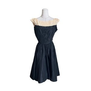Vintage 50s Emma Domb Taffeta Party Cocktail Dress Lace Pearls Rhinestones
